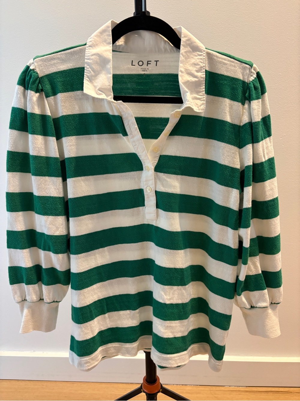 LOFT Green and White Striped Polo Shirt with Button Placket